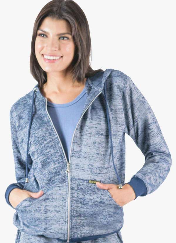 Looks Catwalk - Jaqueta Moletinho Feminina Rajado Bolso e Capuz P Plus Size - Azul