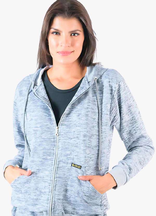 Looks Catwalk - Jaqueta Moletinho Feminina Rajado Bolso e Capuz P Plus Size - Cinza
