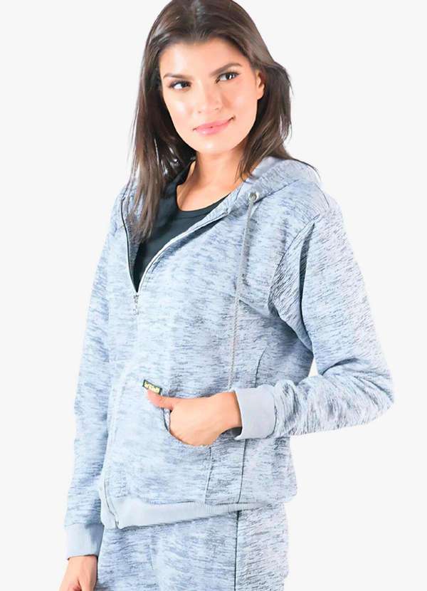 Looks Catwalk - Jaqueta Moletinho Feminina Rajado Bolso e Capuz P Plus Size - Cinza 2