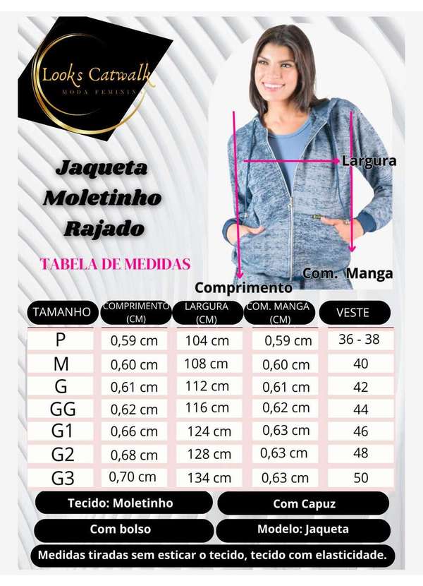 Looks Catwalk - Jaqueta Moletinho Feminina Rajado Bolso e Capuz P Plus Size - Cinza 4
