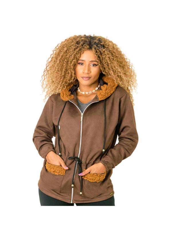 Looks Catwalk - Jaqueta Parka Feminina com Capuz e Bolsos Suede Moda Inverno - Marrom