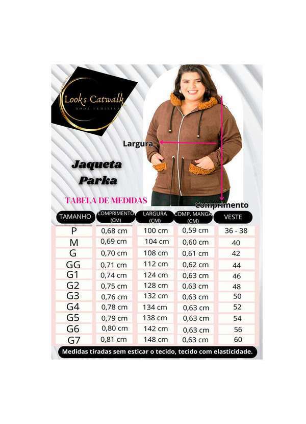 Looks Catwalk - Jaqueta Parka Feminina com Capuz e Bolsos Suede Moda Inverno - Marrom