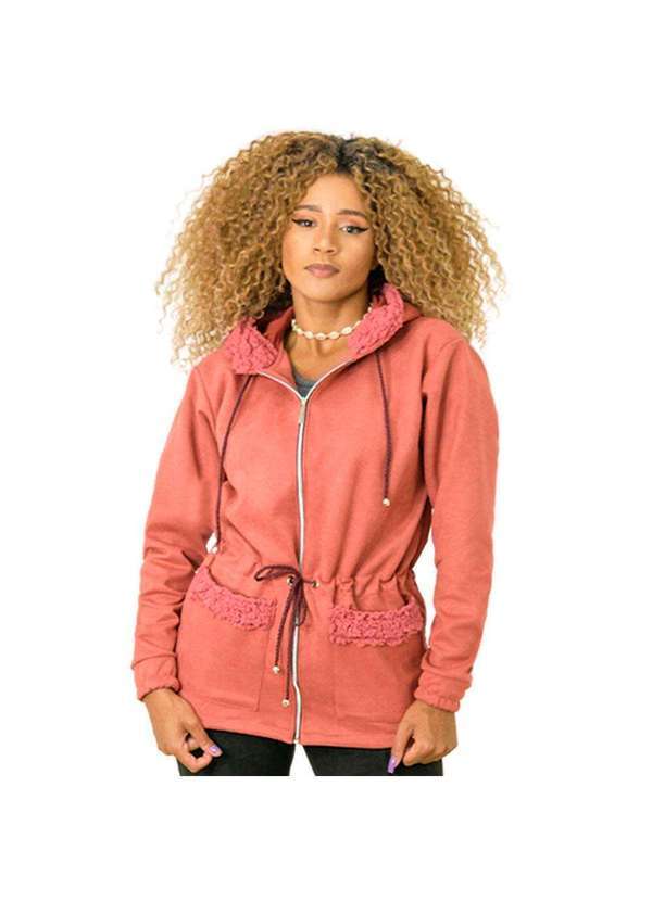 Looks Catwalk - Jaqueta Parka Feminina com Capuz e Bolsos Suede Moda Inverno - Rosa Hibisco
