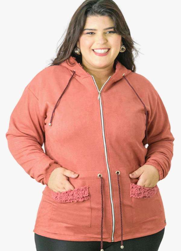 Looks Catwalk - Jaqueta Parka Feminina com Capuz e Bolsos Suede Plus Size - Rosa Hibisco