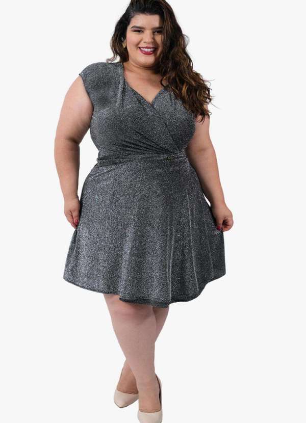 Looks Catwalk - Saia Brilho Transpassada Curta Verão Feminina Moda Plus Size - Prata