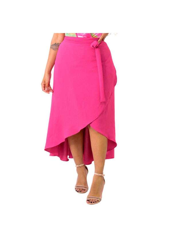 Looks Catwalk - Saia Envelope Transpassada Longa com Fenda Midi e Amarração - Pink