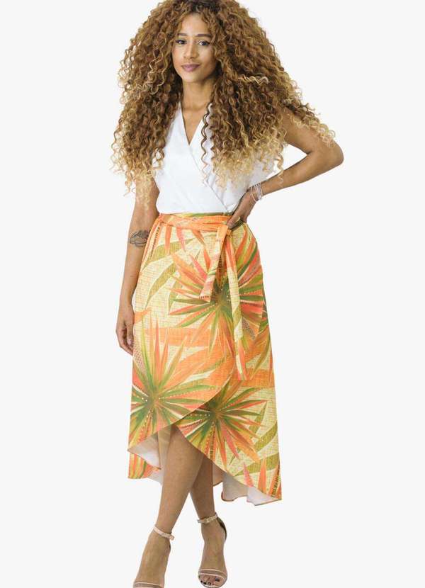 Saia Envelope Transpassada Longa Fenda Midi Estampada Plus