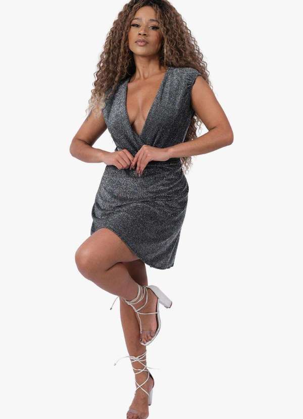 Looks Catwalk - Saia Feminina Brilho Transpassada Verão Curta Moda Feminina - Prata