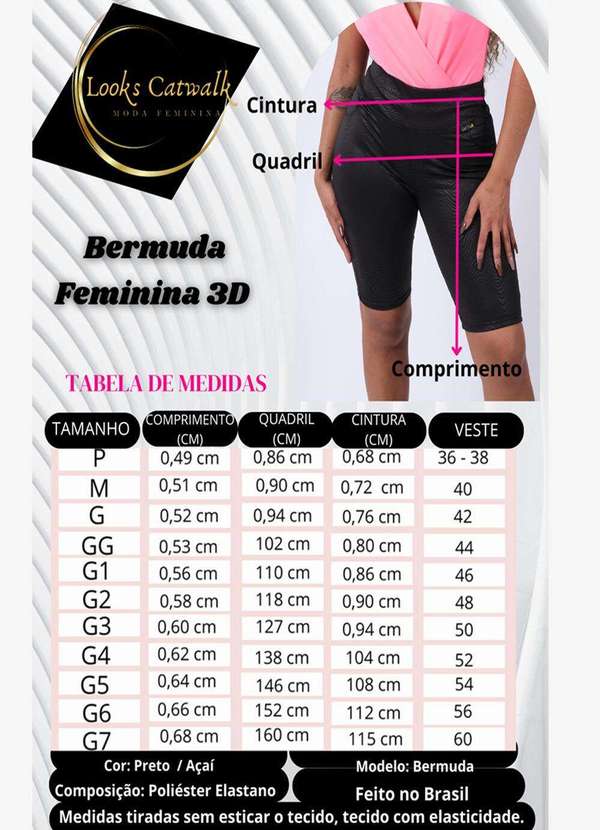 Looks Catwalk - Bermuda 3d Shorts Moda Feminina com Bolso Tendência Verão - Preto 6