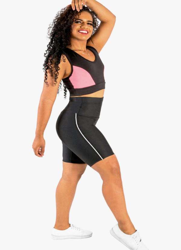 Looks Catwalk - Bermuda Fitness Modeladora Cós Alto com Faixa Moda Feminina - Preto