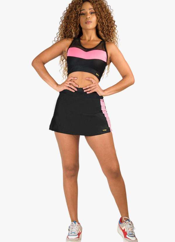 Looks Catwalk - Conjunto Fitnnes Kit com Saia Shorts e Top Nadador Feminino - Preto