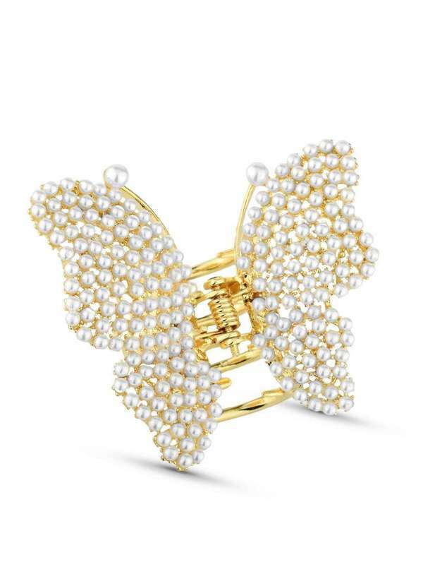 Ora Semijoias - Prendedor de Cabelo Piranha Borboleta com Pérolas Aplicadas - Dourado