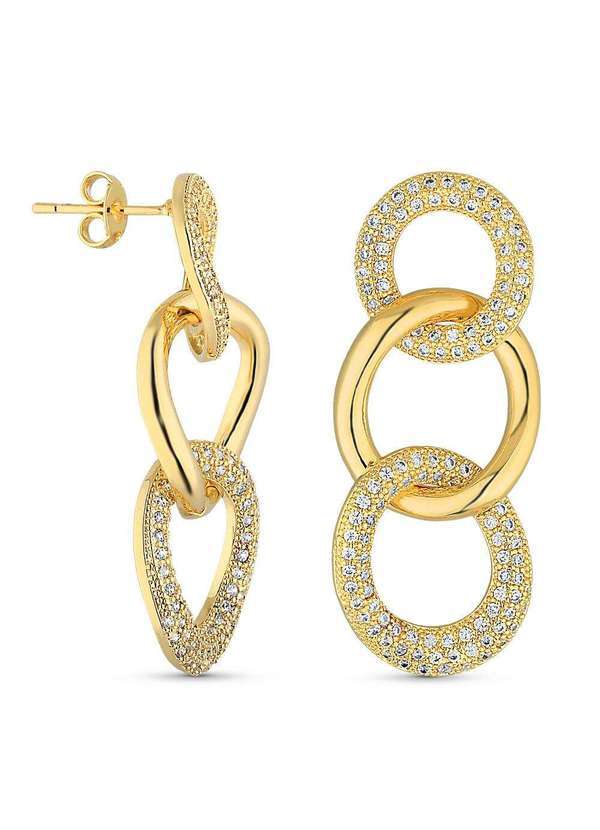 Ora Semijoias - Brinco Semijoia 3 Elos Cravejados com Zircônias Cristal Banho Dourado