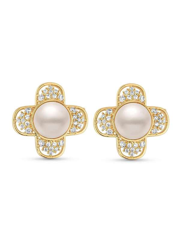 Ora Semijoias - Brinco Semijoia Flor com Pérola e Zircônias Banhado a Ouro 18k - Dourado