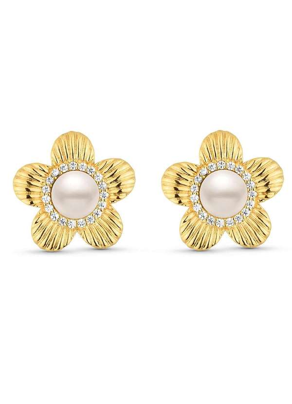 Ora Semijoias - Brinco Semijoia Flor com Pérola Envolta de Zircônias Banhado a - Dourado