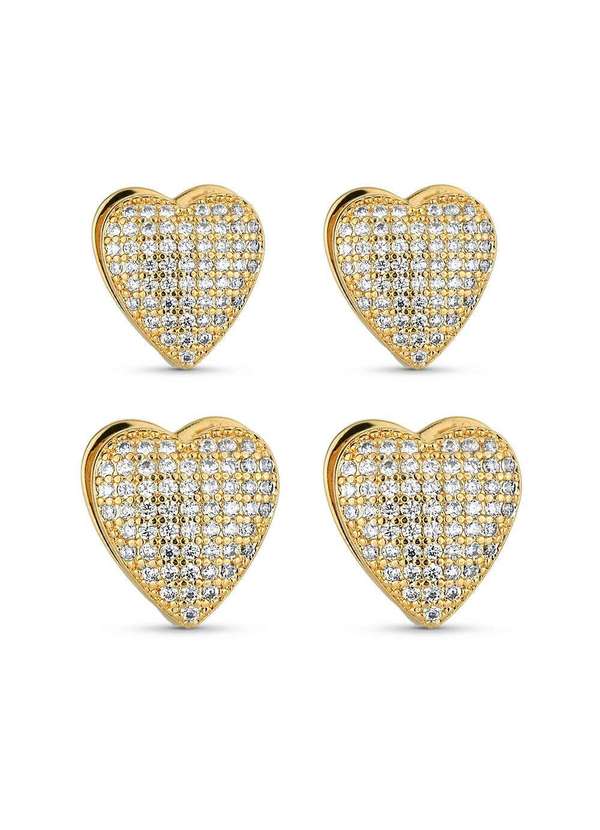 Ora Semijoias - Dupla de Brincos Semijoia Coração com Zircônias 9-12mm - Dourado