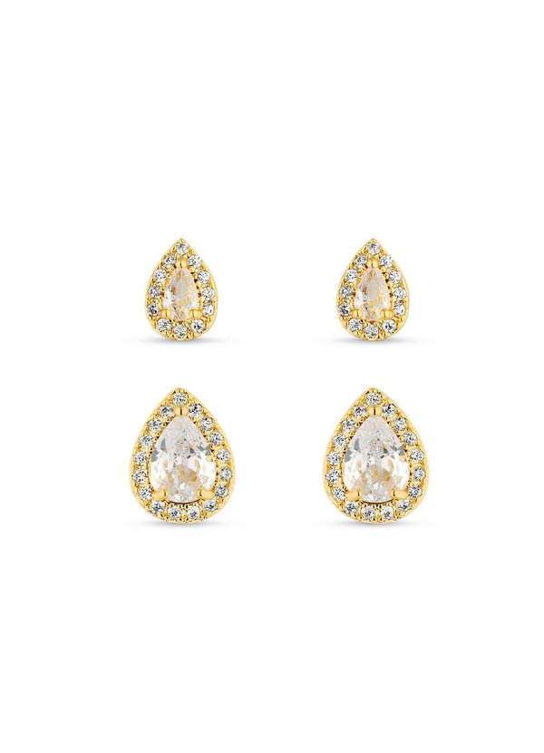 Ora Semijoias - Dupla de Brincos Semijoia Gota Cristal com Zircônias Banhadas - Dourado