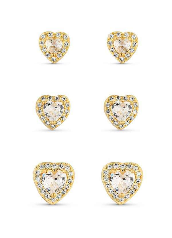 Ora Semijoias - Trio de Brincos Semijoia Coração Cristal com Micro Zircônias - Dourado