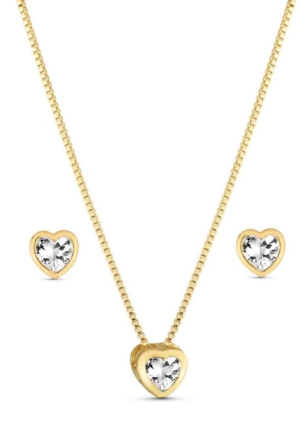 Ora Semijoias - Conjunto Semijoia Colar e Brinco Coração com Zircônia Branca - Dourado