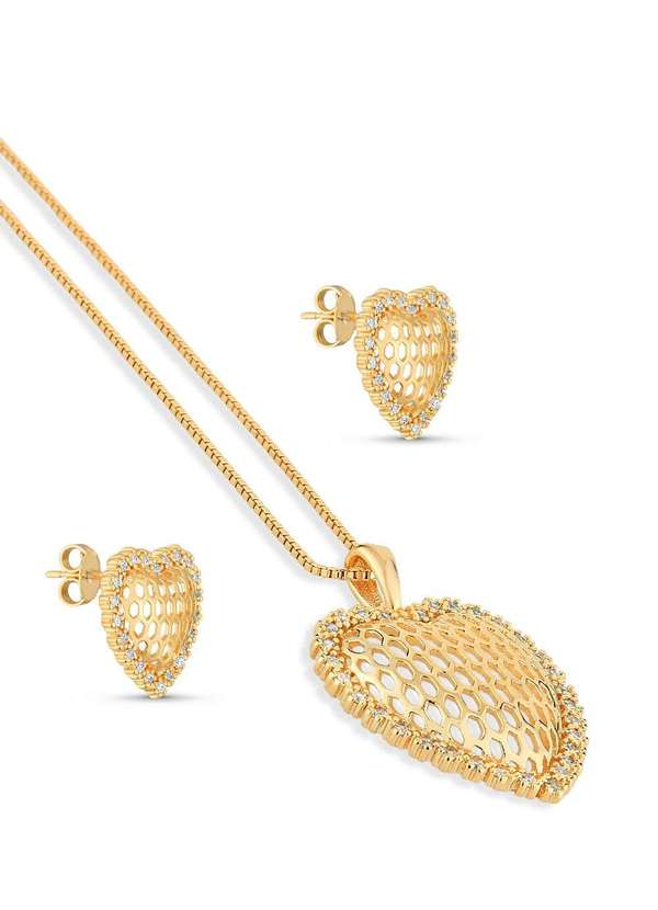 Ora Semijoias - Conjunto Semijoia Colar e Brinco Coração Vazado com Micro - Dourado