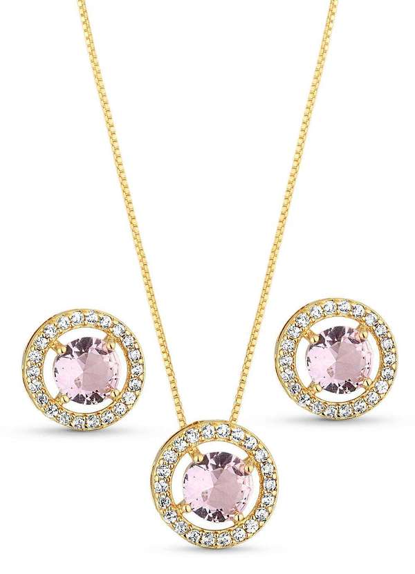 Ora Semijoias - Conjunto Semijoia Colar e Brinco Pedra Rosa Cravejado Zircônias - Dourado