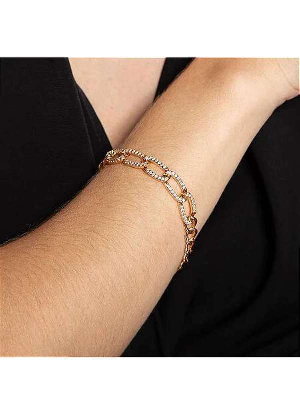 Ora Semijoias - Pulseira Semijoia Elos Cravejada com Zircônias Banho Ouro 18k Dourado
