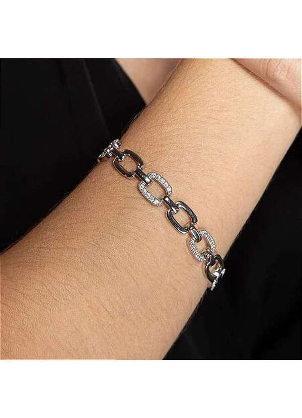 Ora Semijoias - Pulseira Semijoia Elos Cravejadas com Zircônias Banho Ródio Prata