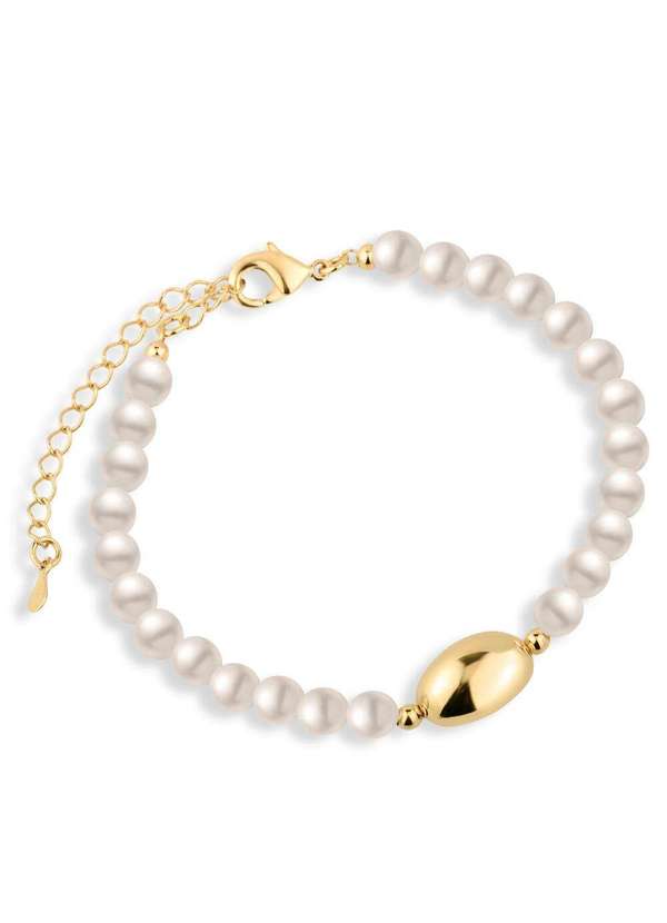 Ora Semijoias - Pulseira Semijoia Pérolas e Esfera Oval Dourada Banhado a Ouro - Dourado