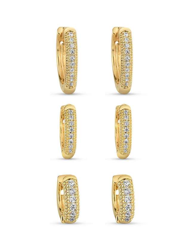 Ora Semijoias - Trio de Brincos Semijoia Argolas com Zircônias Cristal - Dourado