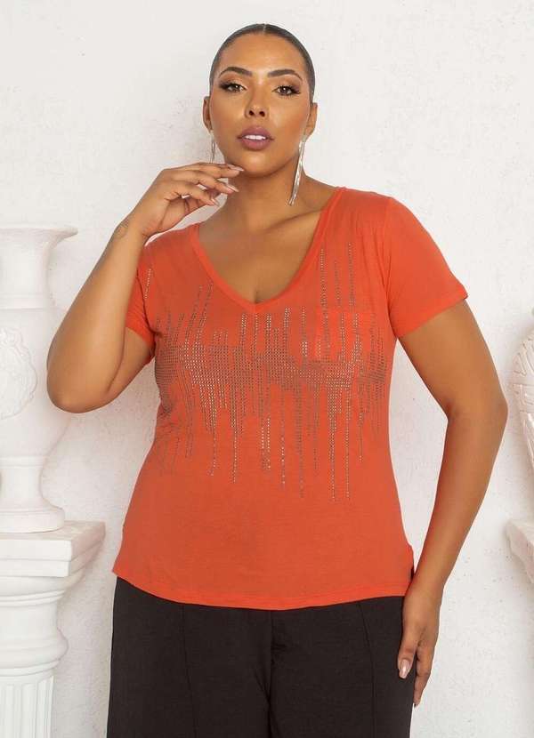 Mais na Moda Plus - Blusa Básica Feminina de Viscose e Elastano Gola V Plus Size - Laranja