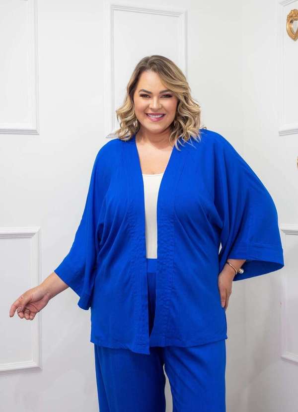 Mais na Moda Plus - Cardigan/ Kimono Feminino de Viscolinho Chic Azul - Azul