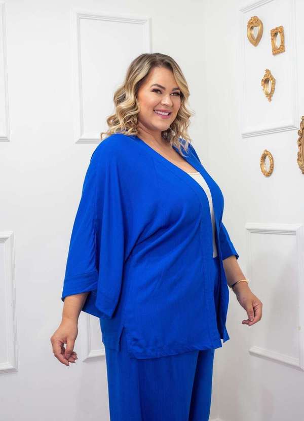 Mais na Moda Plus - Cardigan/ Kimono Feminino de Viscolinho  Chic Azul - Azul 3