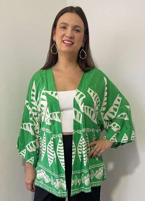 Mais na Moda Plus - Cardigan/Kimono  Plus Size Carina Verde e Off, - Verde