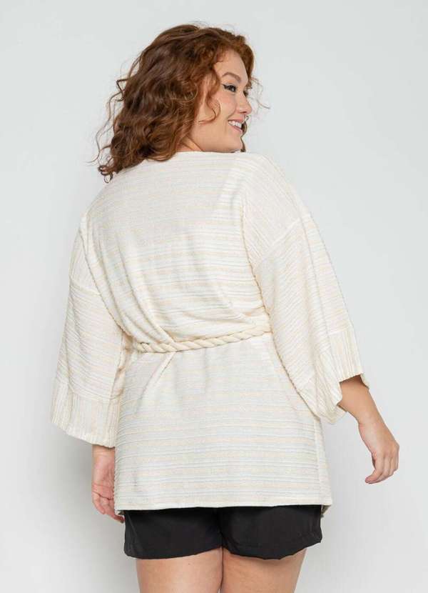 Mais na Moda Plus - Cardigan/Kimono  Plus Size de Tricot Bege Feminino - Off 2
