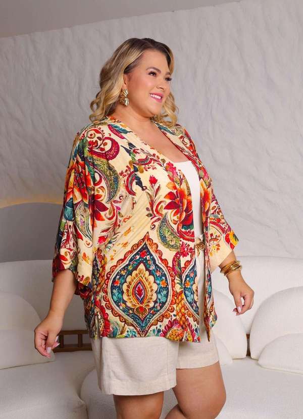 Mais na Moda Plus - Cardigan/Kimono  Plus Size Estampado - Florido
