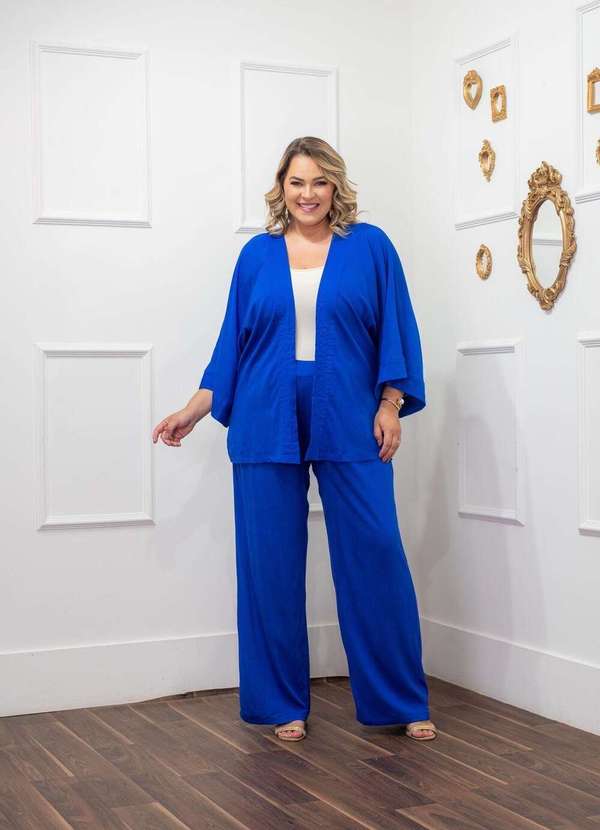 Mais na Moda Plus - Conjunto Plus Size Chic  Calça e Kimono Cora - Azul Royal