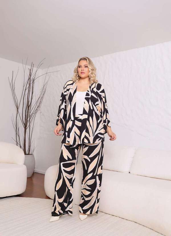 Mais na Moda Plus - Conjunto Plus Size Chic  Calça e Kimono Julia - Preto