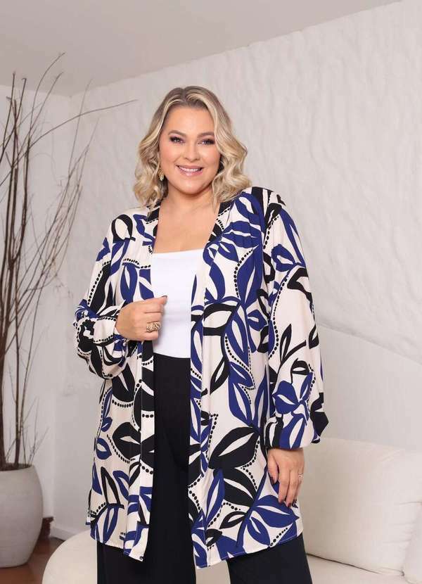 Mais na Moda Plus - Conjunto Plus Size Chic Calça e Kimono Manga Longa Azul Jessica - Azul 4