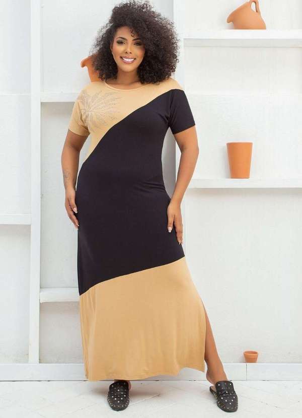 Mais na Moda Plus Vestido Longo de Malha com Brilho Plus Size Chic Bege  Brigite Bege