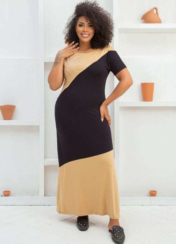 Mais na Moda Plus - Vestido Longo de Malha com Brilho Plus Size Chic Bege Brigite - Bege 2