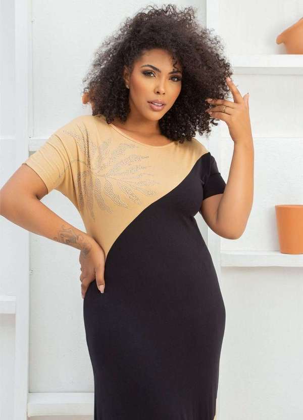 Mais na Moda Plus - Vestido Longo de Malha com Brilho Plus Size Chic Bege Brigite - Bege 3