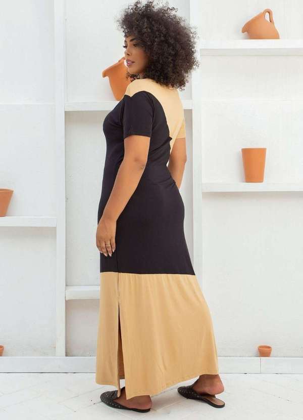 Mais na Moda Plus - Vestido Longo de Malha com Brilho Plus Size Chic Bege Brigite - Bege 4