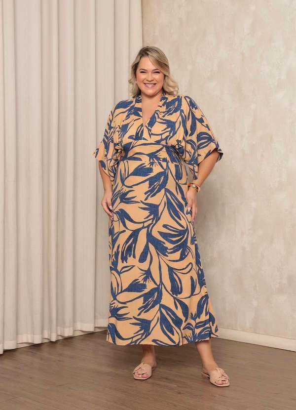 Mais na Moda Plus - Vestido Longo Flor Bege Chic Feminino Dominik - Bege 3