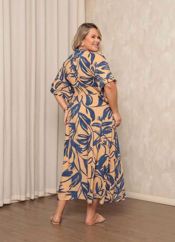 Mais na Moda Plus - Vestido Longo Flor Bege Chic Feminino Dominik - Bege 4