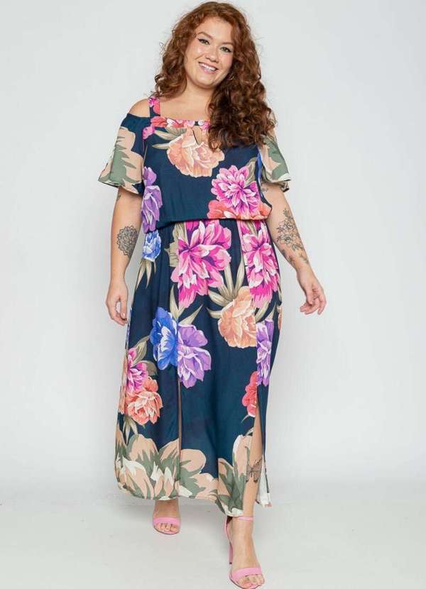 Mais na Moda Plus - Vestido Plus Size Longo de Viscose com Fendas Laterais Florido - Azul Marinho