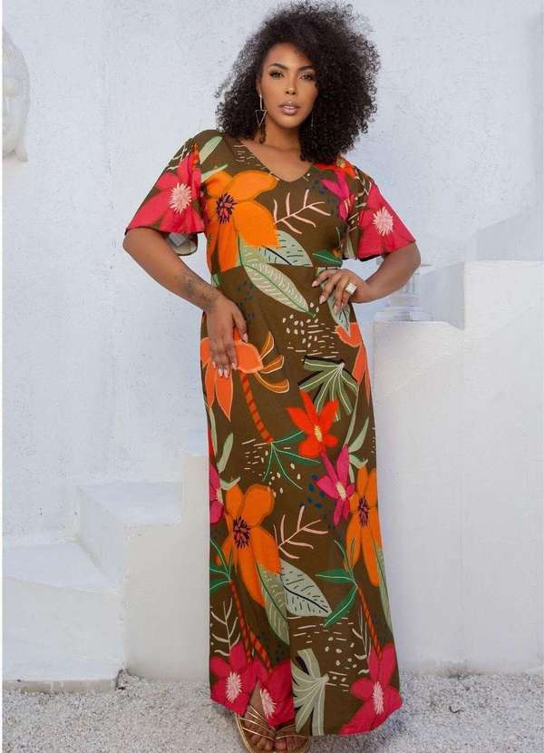 Mais na Moda Plus - Vestido Verde Florido Plus Size Chic Aberto Patricia - Verde Florido 3