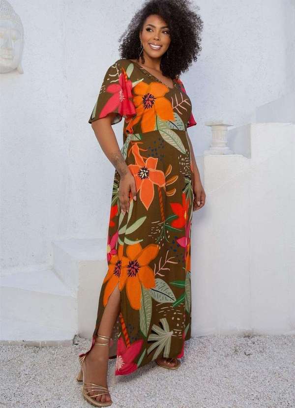 Mais na Moda Plus - Vestido Verde Florido Plus Size Chic Aberto Patricia - Verde Florido 2