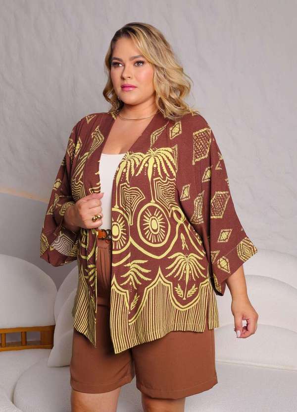 Mais na Moda Plus - Cardigan/Kimono  Plus Size Coqueiro - Cafe