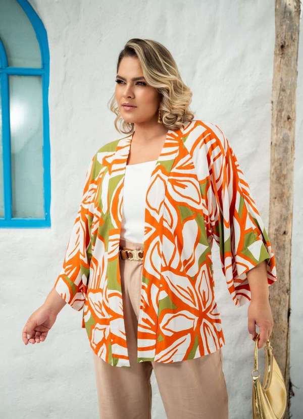 Mais na Moda Plus - Kimono Plus Chic Verde e Laranja Gerbera - Verde