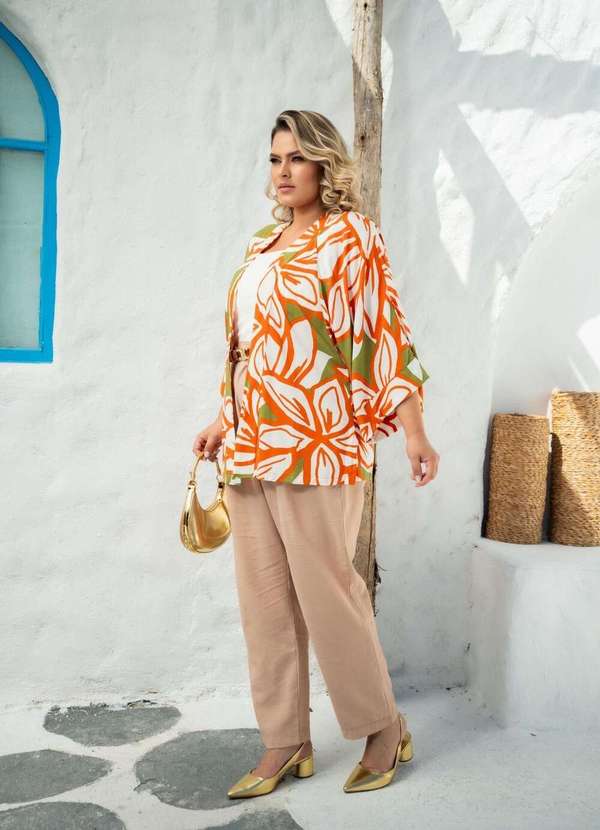 Mais na Moda Plus - Kimono Plus Chic Verde e Laranja Gerbera - Verde 2